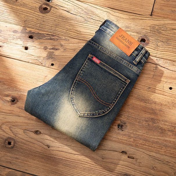 Men's Heavyweight Slim Fit Straight Leg Jeans Trendy American Retro Washed Vintage Denim Black Gray Blue mid Waist Long Pants_mkmklike.com