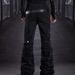 High Cyberpunk Rock PU Straight-leg Denim Flared Pants With European American Street Style, Featuring A Pleated Stacked_mkmklike.com