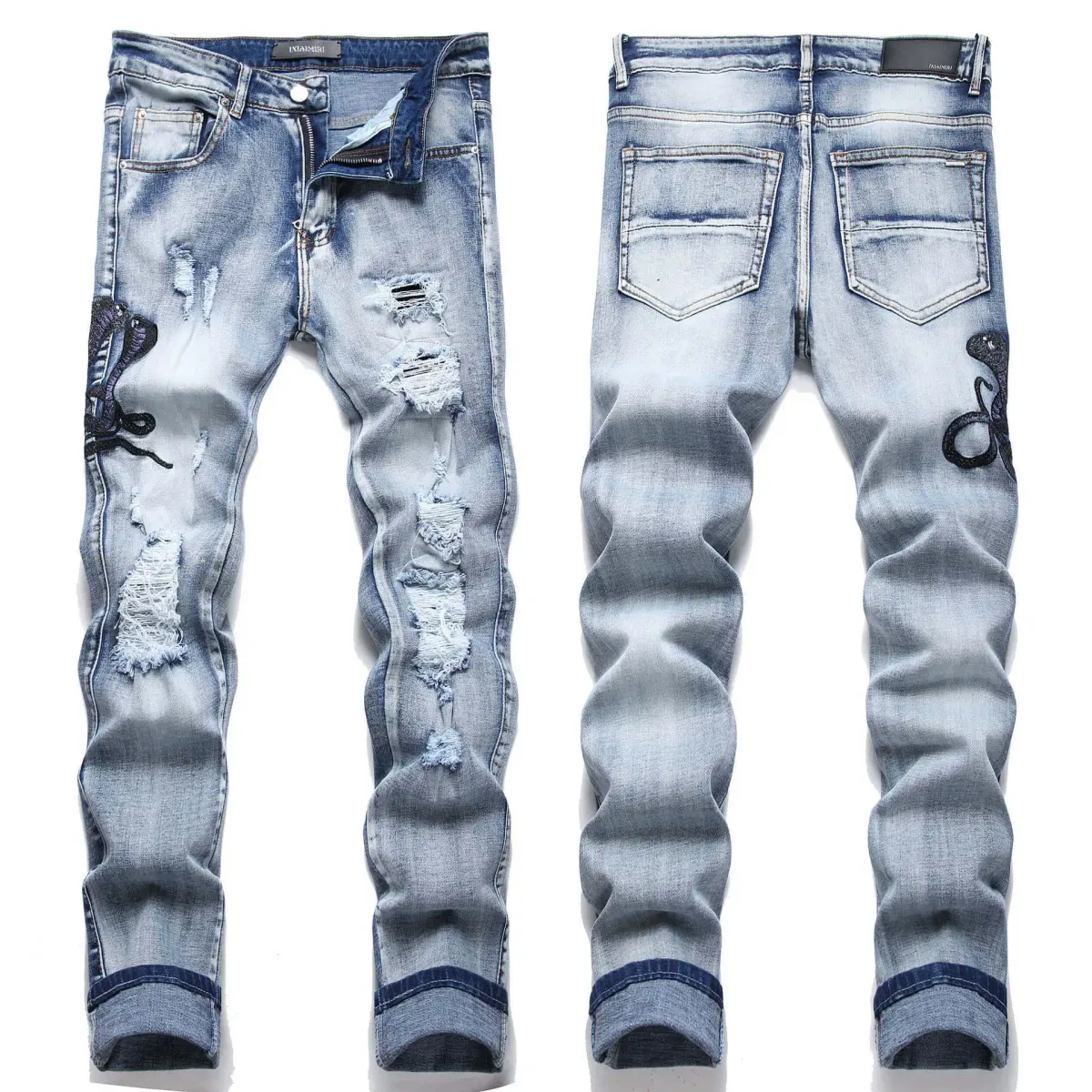 Blue Eyed Snake Embroidery Street Style Jeans For Teenagers Elastic Waist Cotton Material Casual Scene Suitable_mkmklike.com