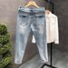 Light Blue Stretch Denim Jeans For Men Slim Fit Cropped Length Fashionable Spring Autumn Wear_mkmklike.com