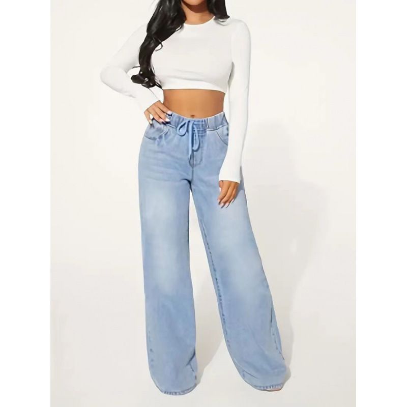 Women's High-Waisted Wide-Leg Jeans - Drawstring Waist Comfortable Denim Pants (S-XXL, Light Blue, Relaxed Fit & Stretch Fabric)_mkmklike.com