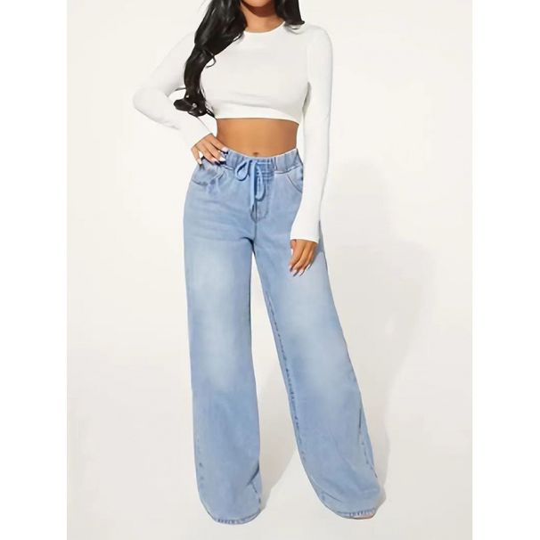 Women's High-Waisted Wide-Leg Jeans - Drawstring Waist Comfortable Denim Pants (S-XXL, Light Blue, Relaxed Fit & Stretch Fabric)_mkmklike.com