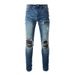Men's Clothing Washed Cat Whisker Wrinkled Hole Patchwork Leather Elastic Slim Fit Skinny Jeans_mkmklike.com