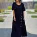 women's clothing fresh and sweet round neck solid color fashion short sleeve leisure cotton and linen long dress_mkmklike.com