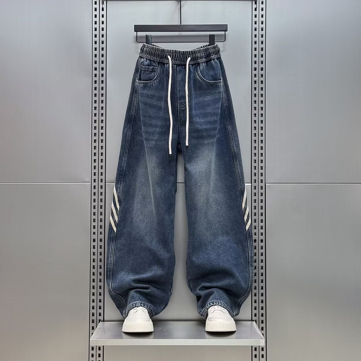 Men's Vintage Washed Straight-Leg Jeans – Distressed Striped Panels, High Street Baggy Fit, Unisex Retro Denim Pants (Blue)_mkmklike.com