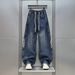 Men's Vintage Washed Straight-Leg Jeans – Distressed Striped Panels, High Street Baggy Fit, Unisex Retro Denim Pants (Blue)_mkmklike.com