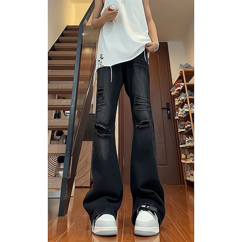 Men's Trendy Retro Flared Ripped Jeans Straight Leg Loose Fit Wide Leg Summer Style Washed Distressed High Street_mkmklike.com