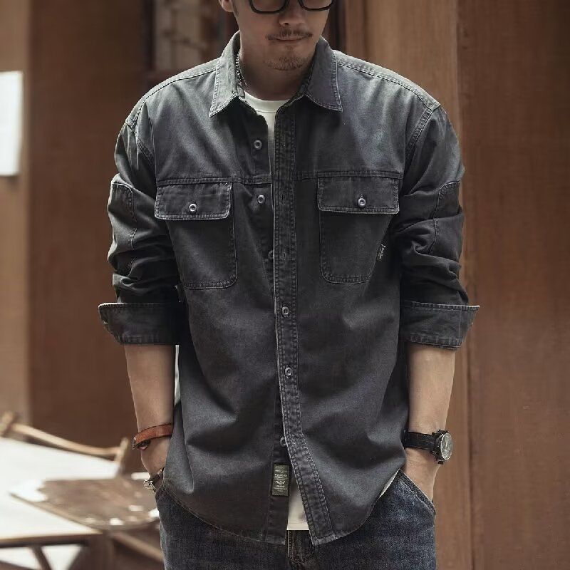 BOY American Retro Workwear Men's Long Sleeve Jacket Trendy Brand Loose Spring Hunting Denim Shirt For Men_mkmklike.com