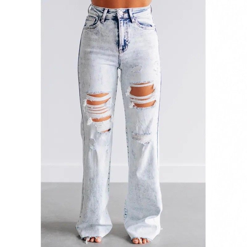 "Women's Distressed High-Waisted Flared Jeans – Vintage Washed Stretch Denim, Wide-Leg Loose Fit With Ripped Details, Comfortable Trousers"_mkmklike.com
