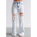 "Women's Distressed High-Waisted Flared Jeans – Vintage Washed Stretch Denim, Wide-Leg Loose Fit With Ripped Details, Comfortable Trousers"_mkmklike.com