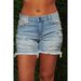 Women's Clothing Stretch Denim Shorts With Distressed Hem & Fringe - High Waist Ripped Bermuda Shorts (S-3XL)_mkmklike.com