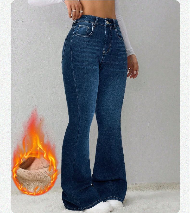 ELLE 2025 Autumn Winter New Cross-Border European And American Retro Clothing Fleece-Lined Women's Blue Stretch Flared Casual_mkmklike.com