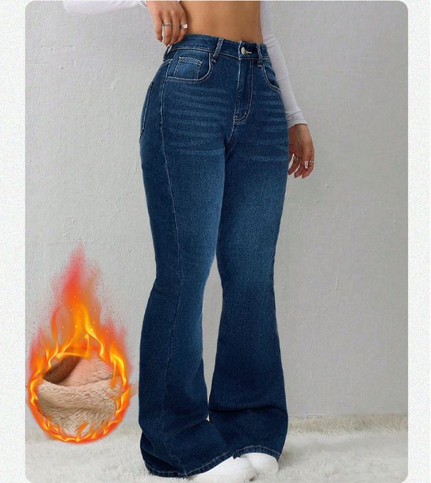 ELLE 2025 Autumn Winter New Cross-Border European And American Retro Clothing Fleece-Lined Women's Blue Stretch Flared Casual_mkmklike.com