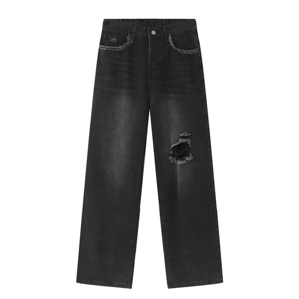 EF JEANS | 2023 New Product, Korean Version Straight Tube American Trend Ripped Denim Trousers, Men's And Women's Same Black_mkmklike.com