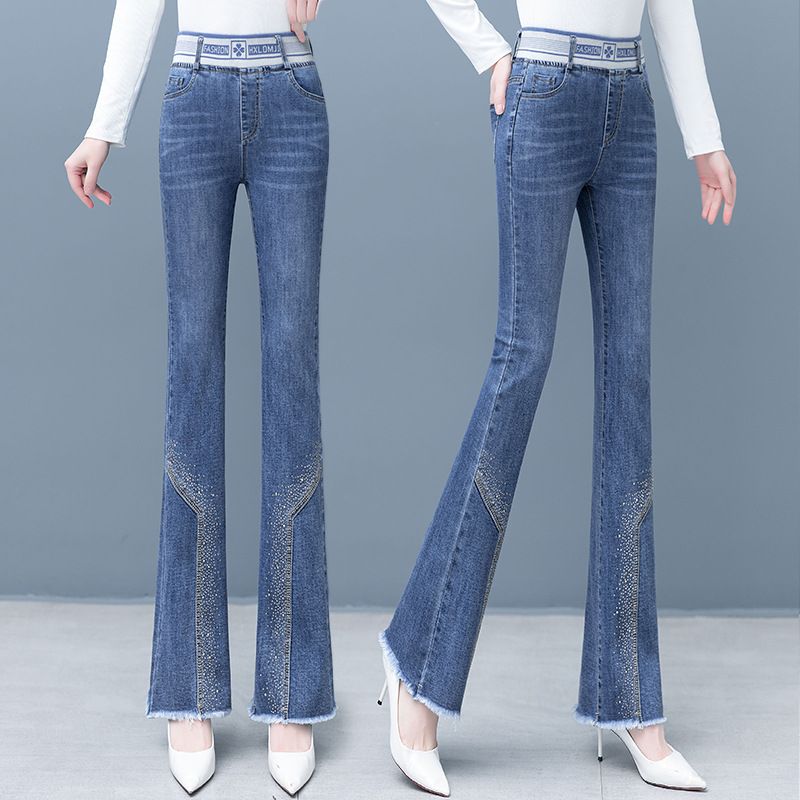 High-waisted Denim Micro-pull Pants Women's Spring 2025 New Fashion Fringed Polished Pants, Thin And High Flared Pants_mkmklike.com