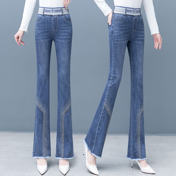 High-waisted Denim Micro-pull Pants Women's Spring 2025 New Fashion Fringed Polished Pants, Thin And High Flared Pants_mkmklike.com