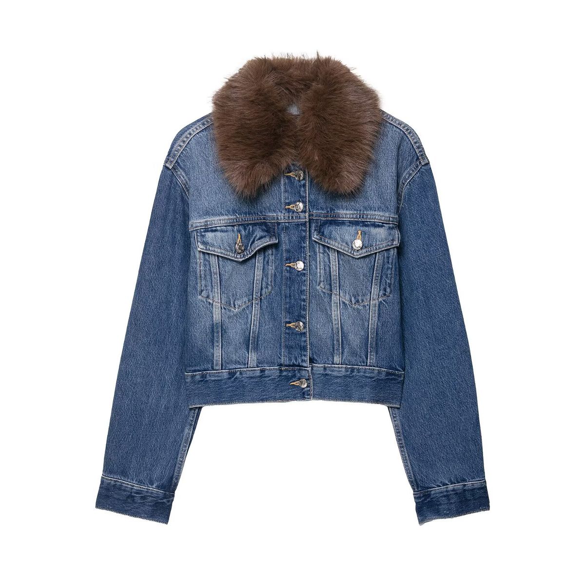 Faux Fur Denim Jacket For Women - Short Stylish Faux Leather Trim Coat With Notched Collar, Urban Casual Outerwear (XS/S/M/L, Blue)_mkmklike.com
