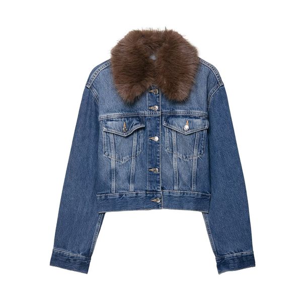Faux Fur Denim Jacket For Women - Short Stylish Faux Leather Trim Coat With Notched Collar, Urban Casual Outerwear (XS/S/M/L, Blue)_mkmklike.com