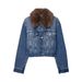 Faux Fur Denim Jacket For Women - Short Stylish Faux Leather Trim Coat With Notched Collar, Urban Casual Outerwear (XS/S/M/L, Blue)_mkmklike.com