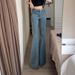 Women's Light Blue Washed Distressed Flared Jeans With Rhinestones, High-waisted, Slim-fit, Floor-length Trousers For_mkmklike.com