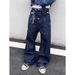 Men's Clothing Retro Studded Double Waisted Jeans, Unisex Loose Fitting Baggy Straight Leg Wide Leg Casual Logging Pants_mkmklike.com