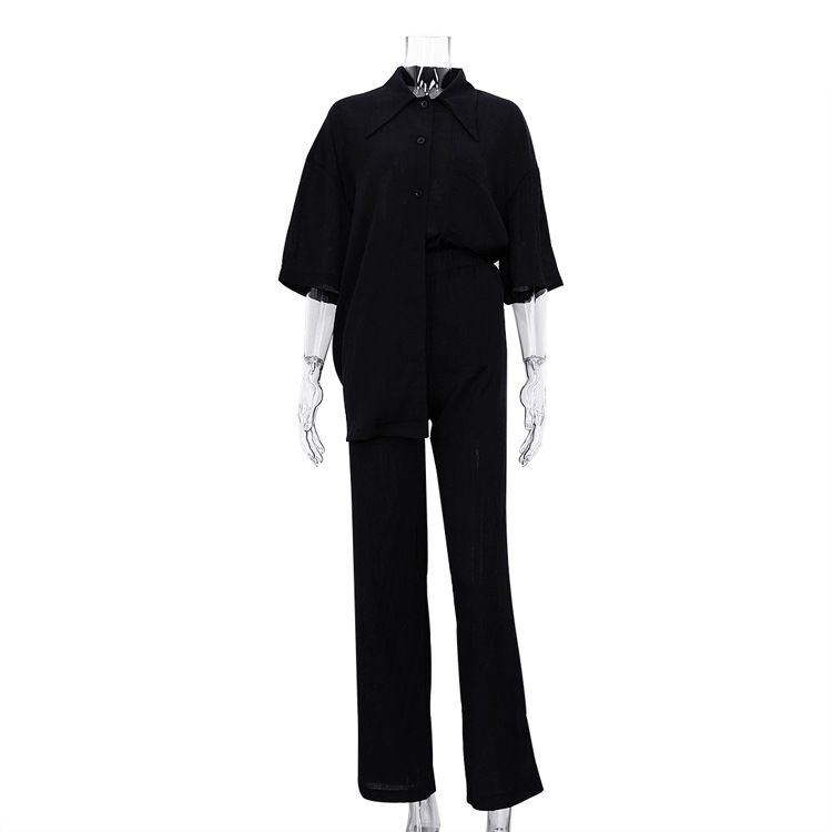 Women's Clothing New Arrival Half Sleeve Shirt Simple Brown Two-Piece Casual Loosen Pants Set_mkmklike.com