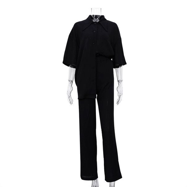 Women's Clothing New Arrival Half Sleeve Shirt Simple Brown Two-Piece Casual Loosen Pants Set_mkmklike.com