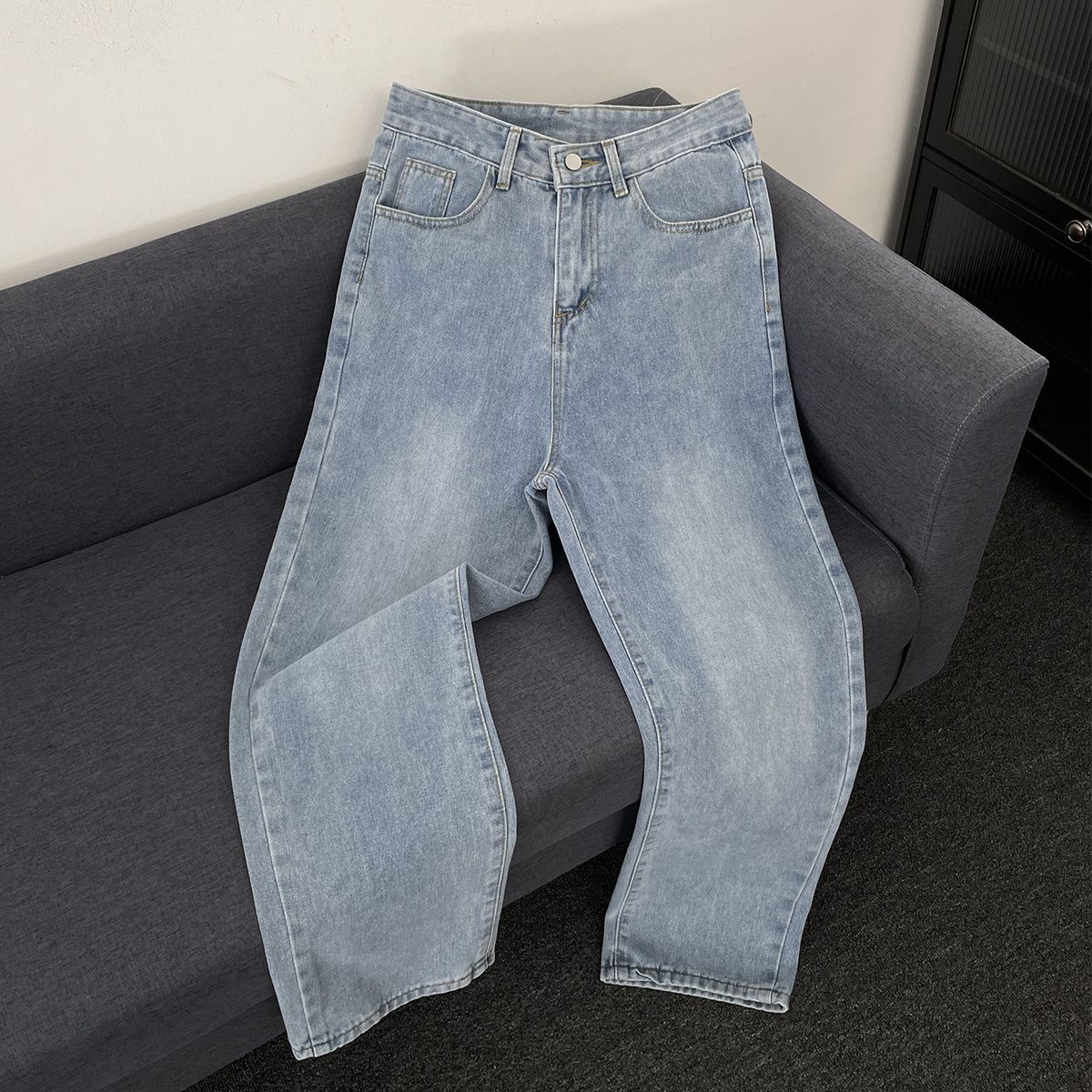 Men's Summer Thin Straight Leg Jeans Casual Trendy Sporty Washed Versatile Button Down Pants_mkmklike.com