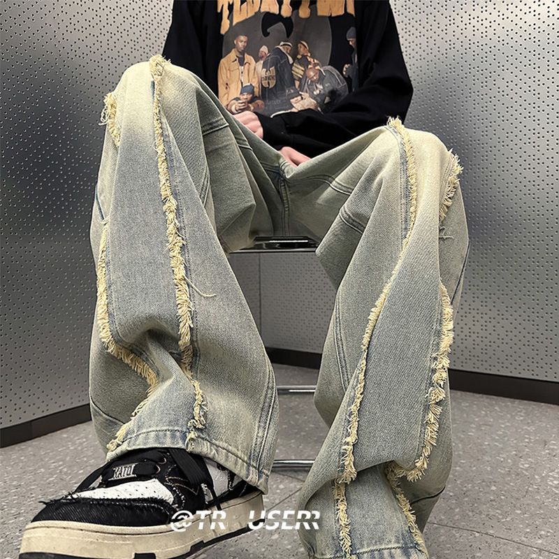 Nordmann Vintage Frayed Hem Jeans Men Straight Loose Fit Casual Pants Autumn Winter Trendy American Style Versatile Wide Leg_mkmklike.com