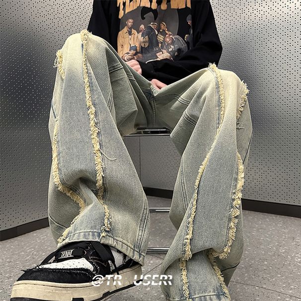 Nordmann Vintage Frayed Hem Jeans Men Straight Loose Fit Casual Pants Autumn Winter Trendy American Style Versatile Wide Leg_mkmklike.com