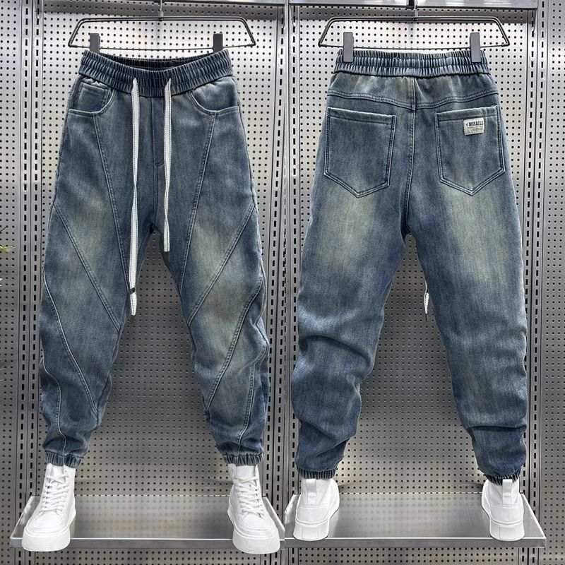 Men's Clothing Patchwork Jeans With Elastic Waist Men’s Summer Slim-Fit Stretch Jeans – Relaxed Cargo Pants With Drawstring Waist & Washed Finish_mkmklike.com