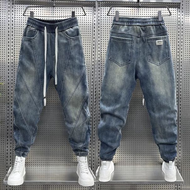 Men's Clothing Patchwork Jeans With Elastic Waist Men’s Summer Slim-Fit Stretch Jeans – Relaxed Cargo Pants With Drawstring Waist & Washed Finish_mkmklike.com