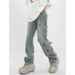 Men's Clothing Retro Vintage Blue Jeans For Men - American High Street Vibe, Deconstructed Button Design, Straight & Slightly Flared Trousers_mkmklike.com