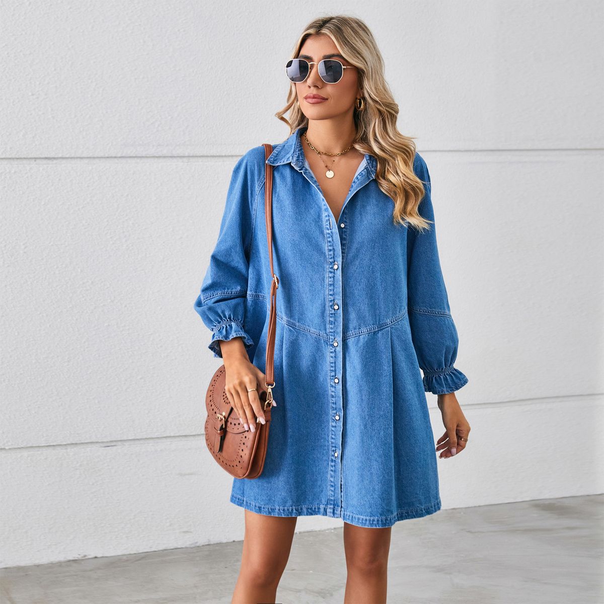 ELLE ELLE European And American Cross-Border Trade New Loose Washed Long Sleeve Patchwork Denim Mid-Length Dress For_mkmklike.com