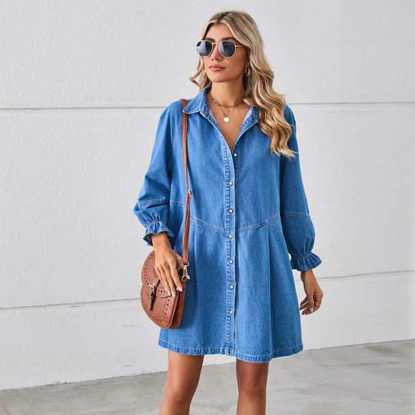 ELLE ELLE European And American Cross-Border Trade New Loose Washed Long Sleeve Patchwork Denim Mid-Length Dress For_mkmklike.com