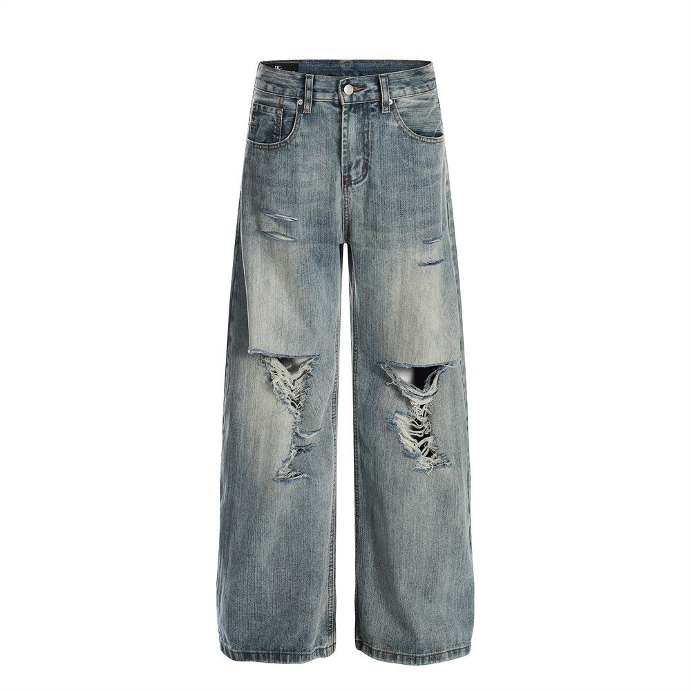 Distressed Washed Jeans Street Style Punk Knife Cut Destroyed Vintage Wide Leg Straight Long Pants For Men_mkmklike.com