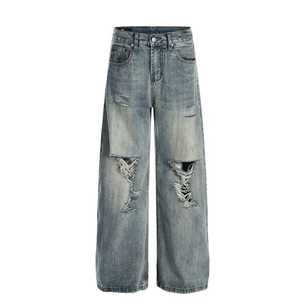 Distressed Washed Jeans Street Style Punk Knife Cut Destroyed Vintage Wide Leg Straight Long Pants For Men_mkmklike.com