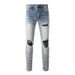 European And American Trendy Brand Men's Jeans Slim Fit Casual Fashion Straight Hole PU Patch Light Blue Men's Pants 6667_mkmklike.com