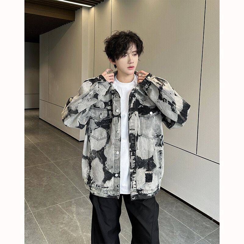 Men's Clothing Men's Distressed Tie-Dye Denim Jacket | Oversized Streetwear Coat | High-Street Fashion | Cotton Blend | Black | S-3XL_mkmklike.com