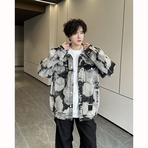 Men's Clothing Men's Distressed Tie-Dye Denim Jacket | Oversized Streetwear Coat | High-Street Fashion | Cotton Blend | Black | S-3XL_mkmklike.com