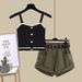 Women's Clothing New Summer Outfit A Complete Set Of Solid Color Vest Suspenders With Casual Slim Denim Shorts Two Piece Set_mkmklike.com
