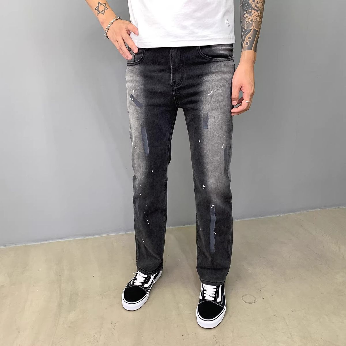 Men's Clothing Spring New Arrival High-End Trendy Black And Gray Gradient Splatter Paint Niche Jeans For Men Slim Fit Straight Leg Versatile Denim_mkmklike.com