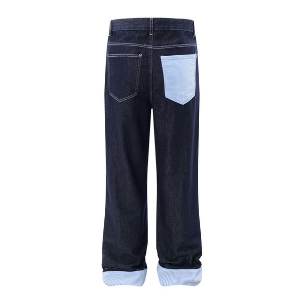 Vibe Design Color Block Cuffed Denim Straight Long Men's Fashion Brand Niche Personality Pocket Stitching Wide Leg Pants_mkmklike.com