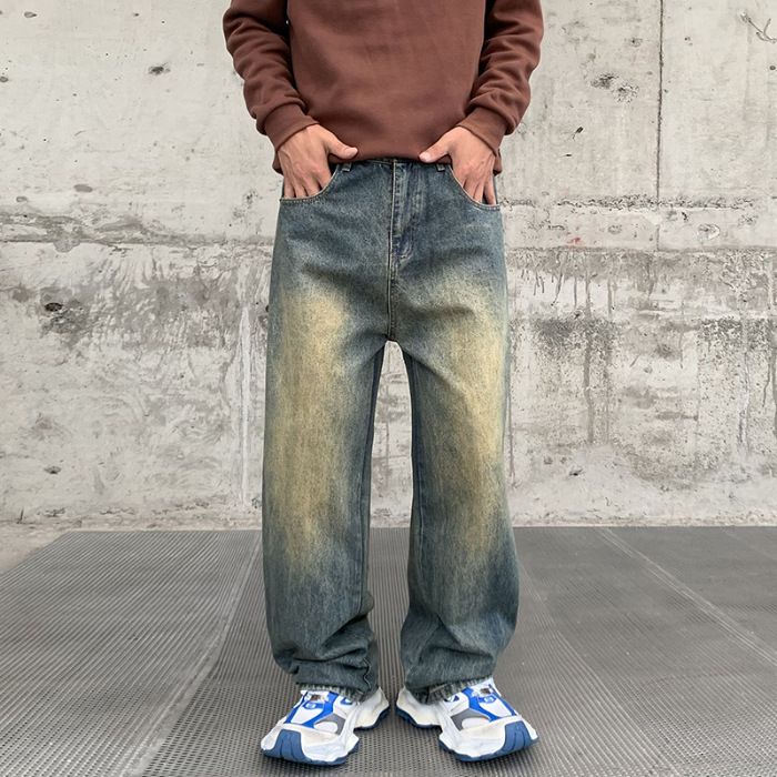 Men's Retro Washed Distressed Straight Leg Jeans - Vintage Style Comfort Fit Denim Pants For Casual Wear_mkmklike.com