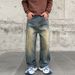 Men's Retro Washed Distressed Straight Leg Jeans - Vintage Style Comfort Fit Denim Pants For Casual Wear_mkmklike.com