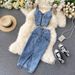French Style Ins Women's Denim Skirt Two Piece Set 2025 New Female Sexy Short Sleeveless Suspender Crop Top + High Waist Denim Skirt Trendy Set_mkmklike.com