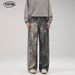 Men's Clothing Splashed Printed Jeans Washed Heavy Loose Wide Leg Floor Length Pants_mkmklike.com