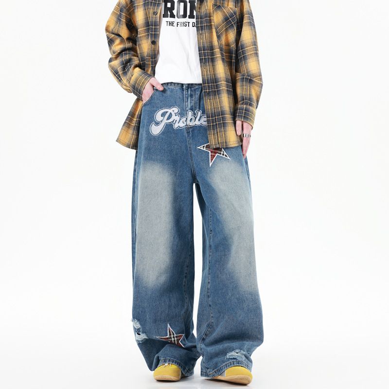 Men's Clothing | American English Printed Jeans Men's Spring And Autumn American Retro Printed Washed Loose Wide Leg Pants_mkmklike.com