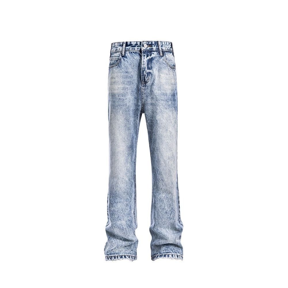 Vintage Washed Straight-Leg Jeans For Men - Cleanfit Snowflake Pattern, Ice Blue, Heavyweight Denim, Retro Style_mkmklike.com