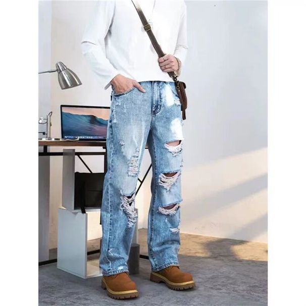 Men's Trendy High Street Loose Straight Leg Distressed Pants Retro Washed Light Colored Ripped Jeans_mkmklike.com
